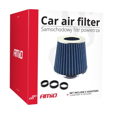 Bil luft konisk filter blå, universel, 3 monteringsadaptere AMIO-02458