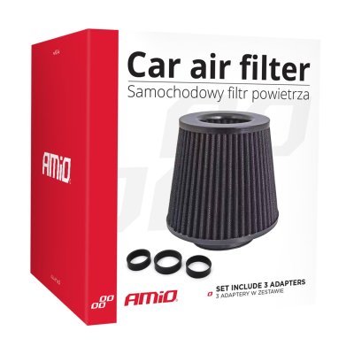Bil Air Keglefilter sort, universel, 3 monteringsadaptere AMIO-02546