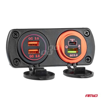Vandtæt telefonlader med digital voltmeter USB + USB C 12/24V MOD-07