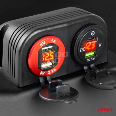 Vandtæt telefonoplader med digital voltmeter 2xUSB 12/24V MOD-11