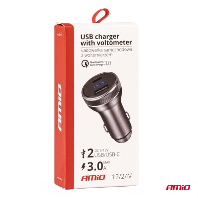USB-lader med voltmeter 38W PCH PRO-06 USB+USB-C 12/24V