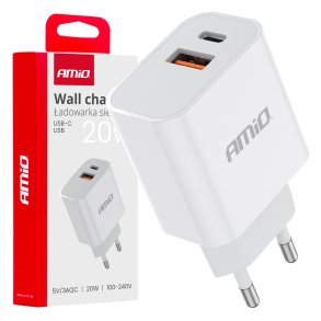 Vægoplader PCH PRO-09 USB+USB-C 20W Hurtig Opladning 230V