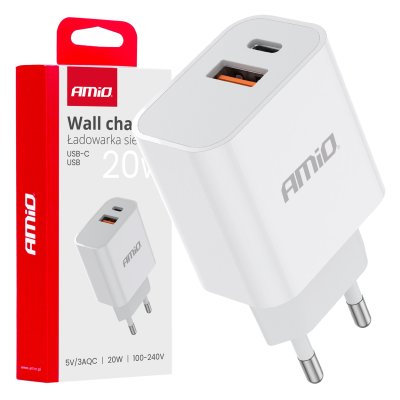 Vægoplader PCH PRO-09 USB+USB-C 20W Hurtig Opladning 230V