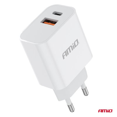 Vægoplader PCH PRO-09 USB+USB-C 20W Hurtig Opladning 230V