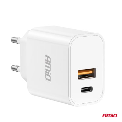 Vægoplader PCH PRO-09 USB+USB-C 20W Hurtig Opladning 230V
