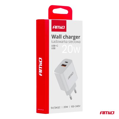 Vægoplader PCH PRO-09 USB+USB-C 20W Hurtig Opladning 230V