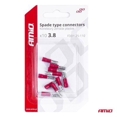 Spade type connectors 3.8mm 0.5-1.5mm2 10A 10 stk
