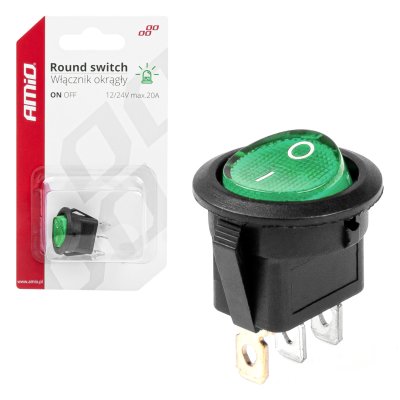 Rund kontakt med grøn lys 12/24V 20A ON/OFF
